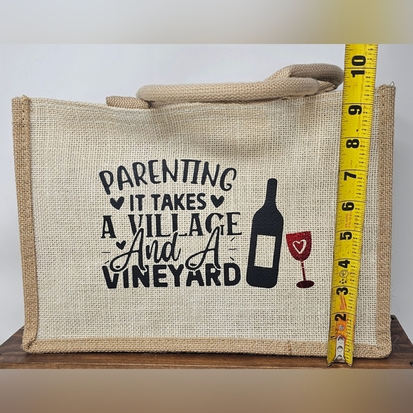 Parenting It Takes A Village And A Vineyard Jute Burlap Tote Bag Wine Holder - Picture 10 of 12